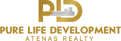 Pure Life Development Atenas Realty logo in gold lettering.