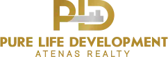 Pure Life Development Atenas Realty logo in gold lettering.