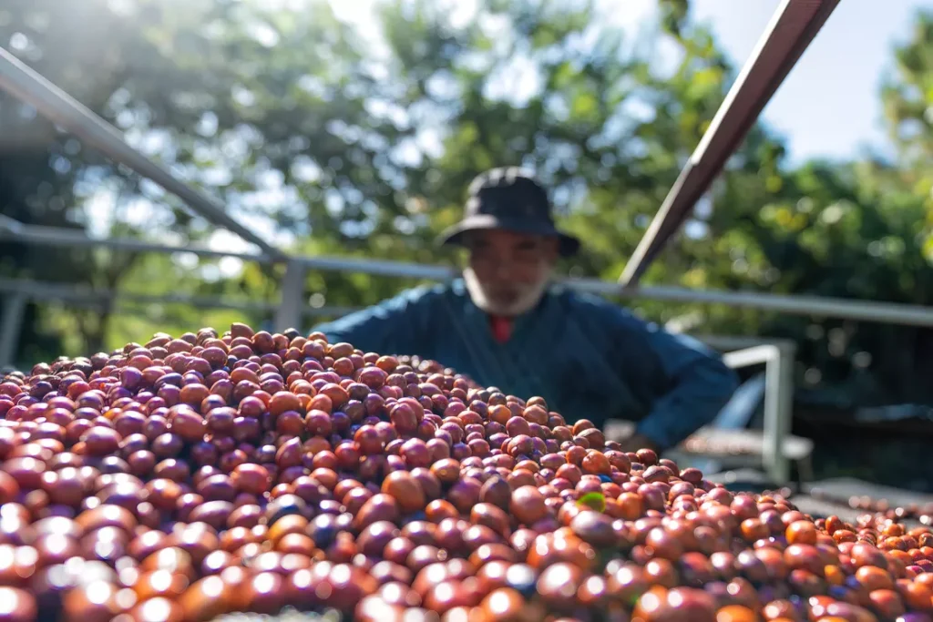 Farmer sorting fresh coffee cherries outdoors.
