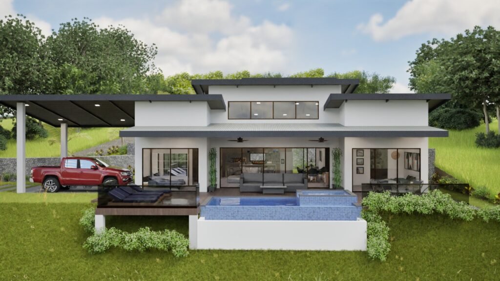 Modern house with pool, carport, and greenery.