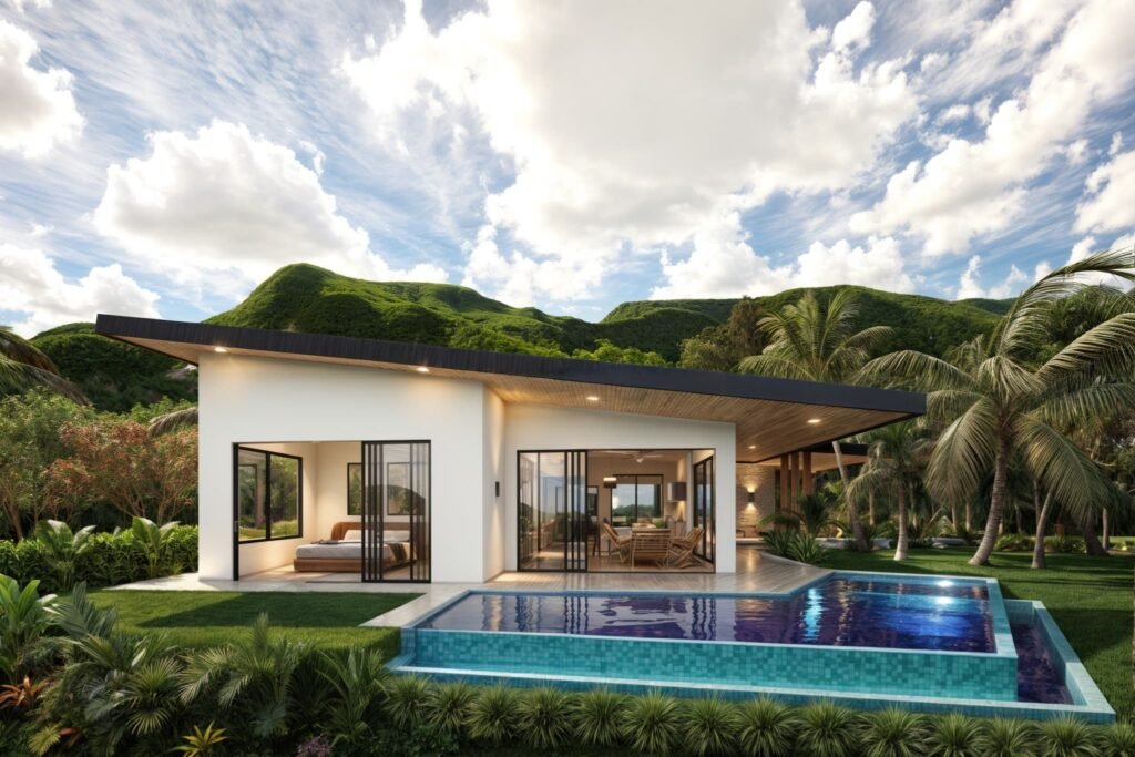 Modern villa with pool and scenic mountain backdrop.