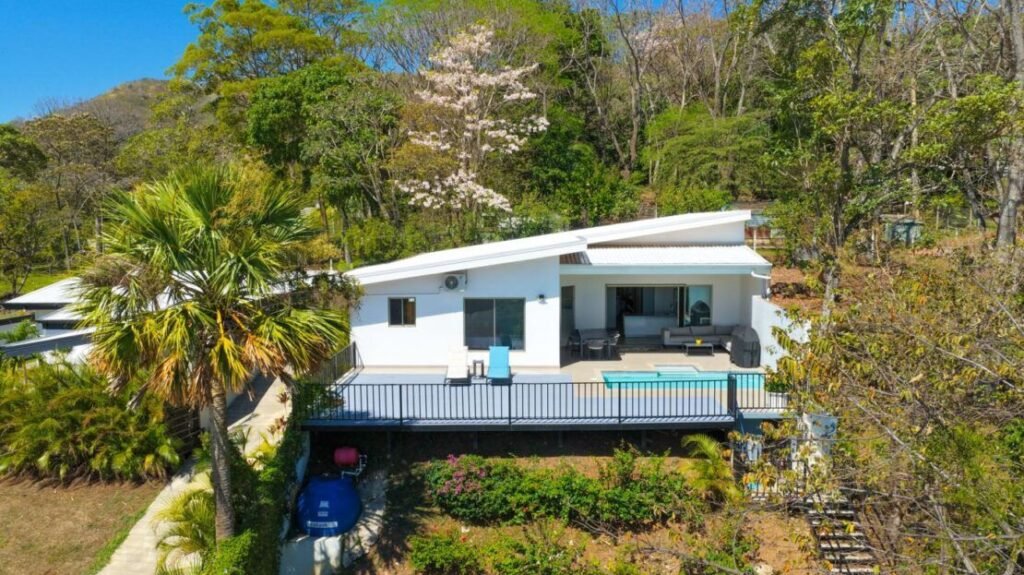 Modern house with pool surrounded by trees.
