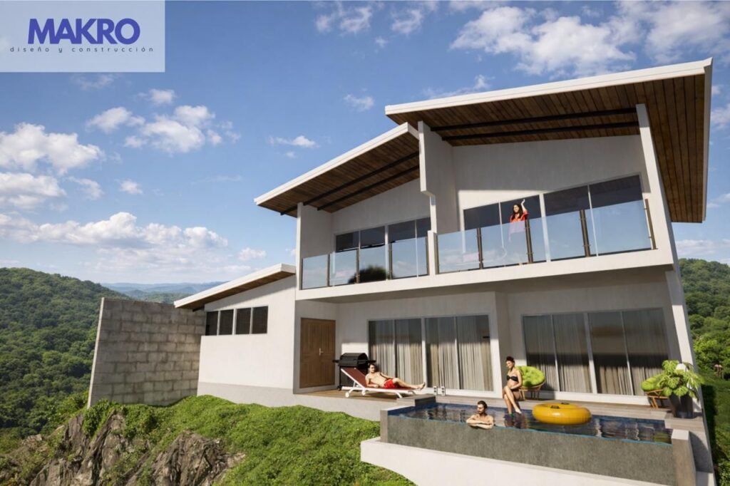 Modern hillside home with balcony and infinity pool