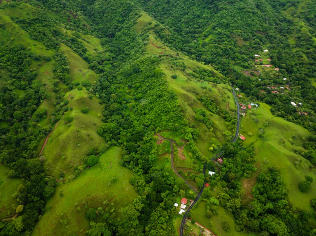 Aerial view of lush green hills and winding road