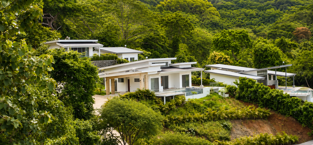 Modern hillside homes surrounded by lush tropical forest