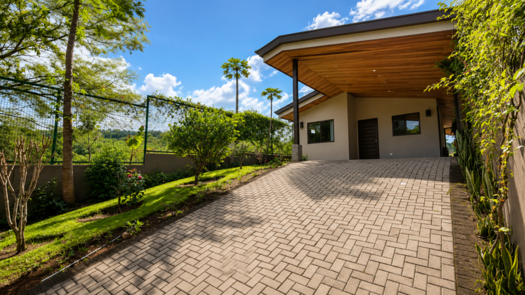 Modern house exterior with paved driveway and garden