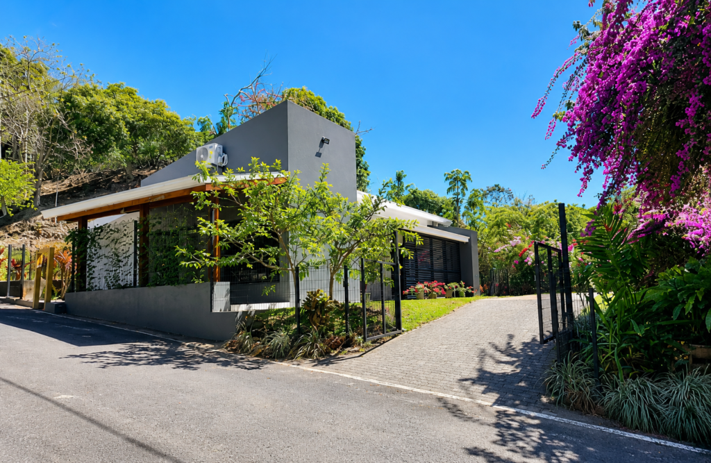 Modern gray house with lush tropical garden