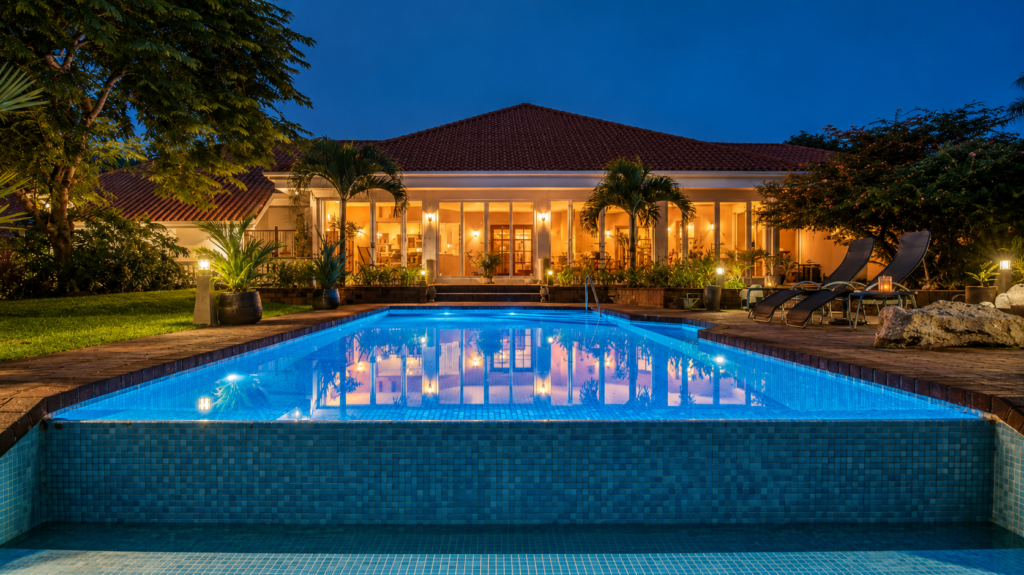 Luxury villa with illuminated pool at dusk