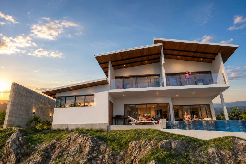 Modern hillside home with infinity pool at sunset