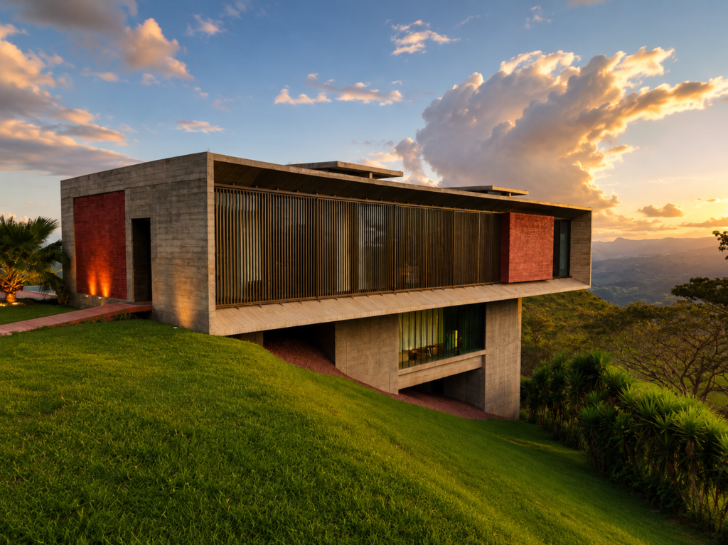 Modern hillside concrete home at sunset
