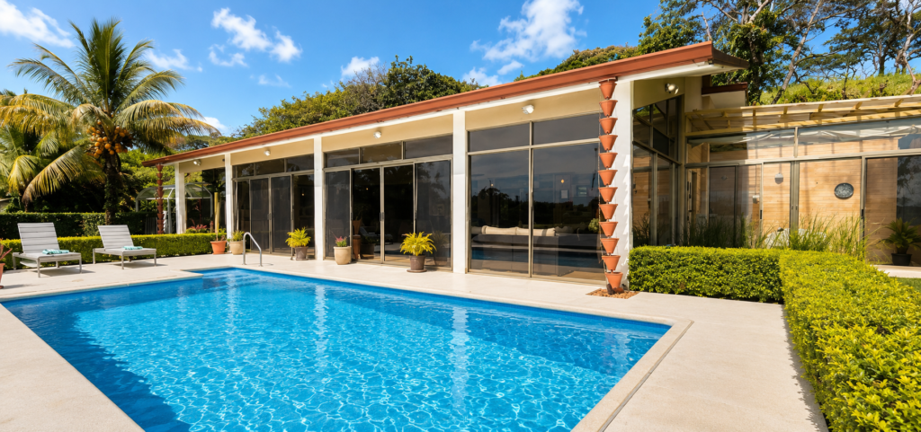 Modern tropical home with backyard swimming pool