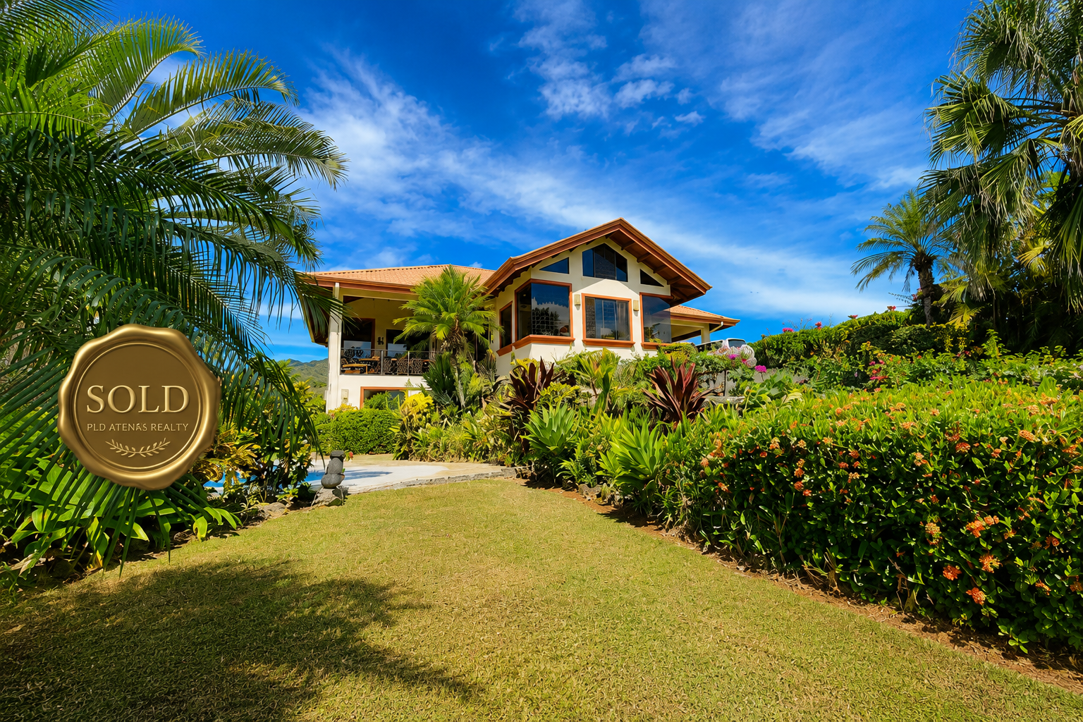 Tropical home with lush garden and sold badge