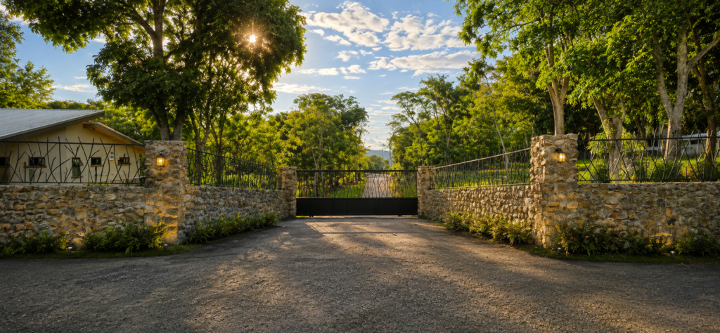Stone gate entrance with trees and sunset light