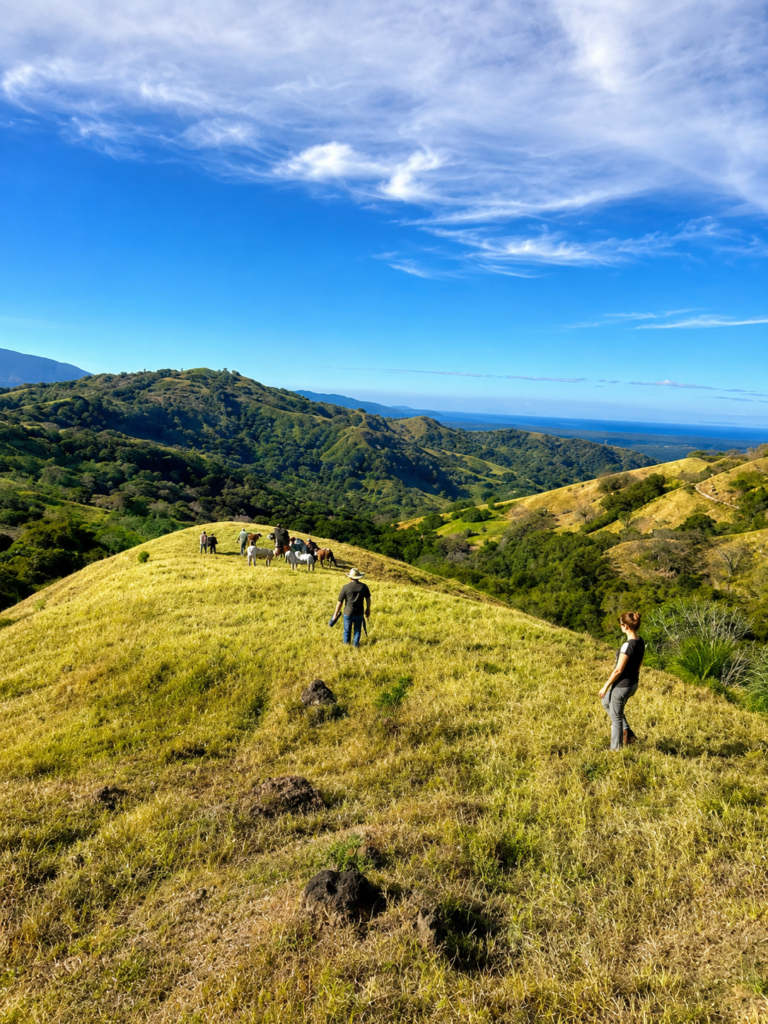 People herding cattle on sunlit rolling hills