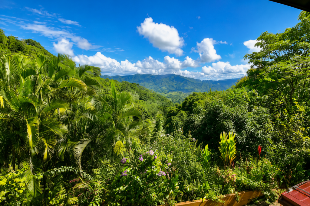 Lush tropical mountains under bright blue sky