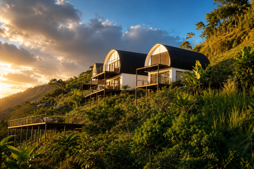 Modern hillside cabins at sunset surrounded by lush greenery