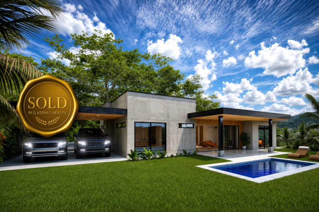 Modern tropical home with pool and sold badge