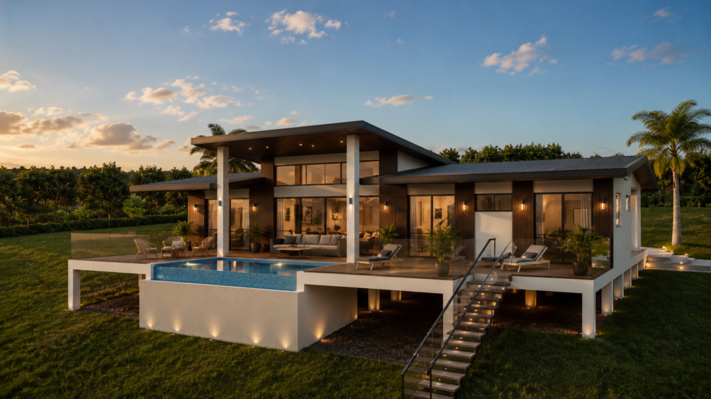 Modern luxury home with pool at sunset