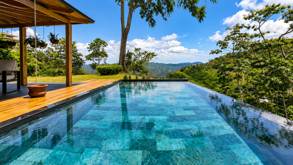 Infinity pool overlooking lush mountain landscape
