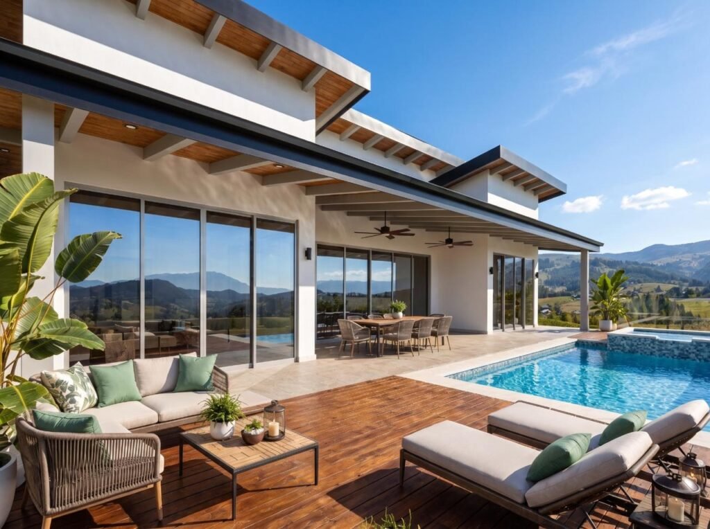 Modern hillside home with pool and mountain views